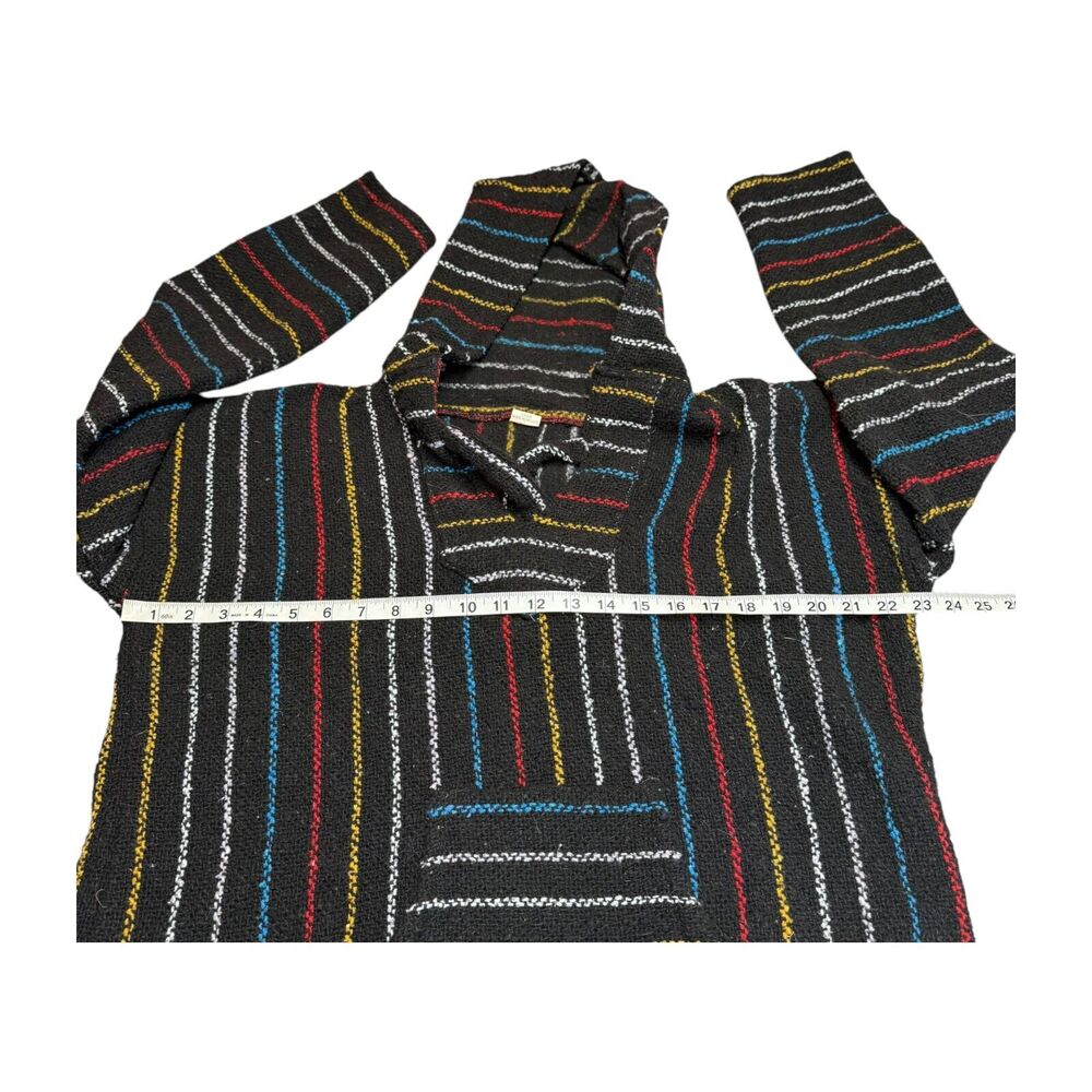 Artesania Tlaxcaltecas Mexican Blanket Hoodie Men's Large Black Striped Acrylic - Picture 4 of 6